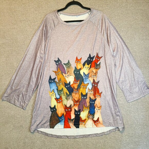 Source Unknown Tops - Grey Colorful Cats Print Shirt Size 3XL